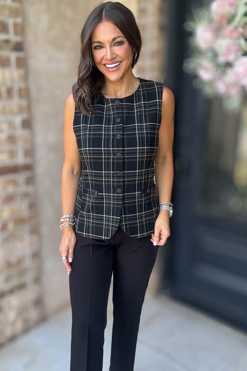 Elevating Black and White Button Down Check Woven Vest