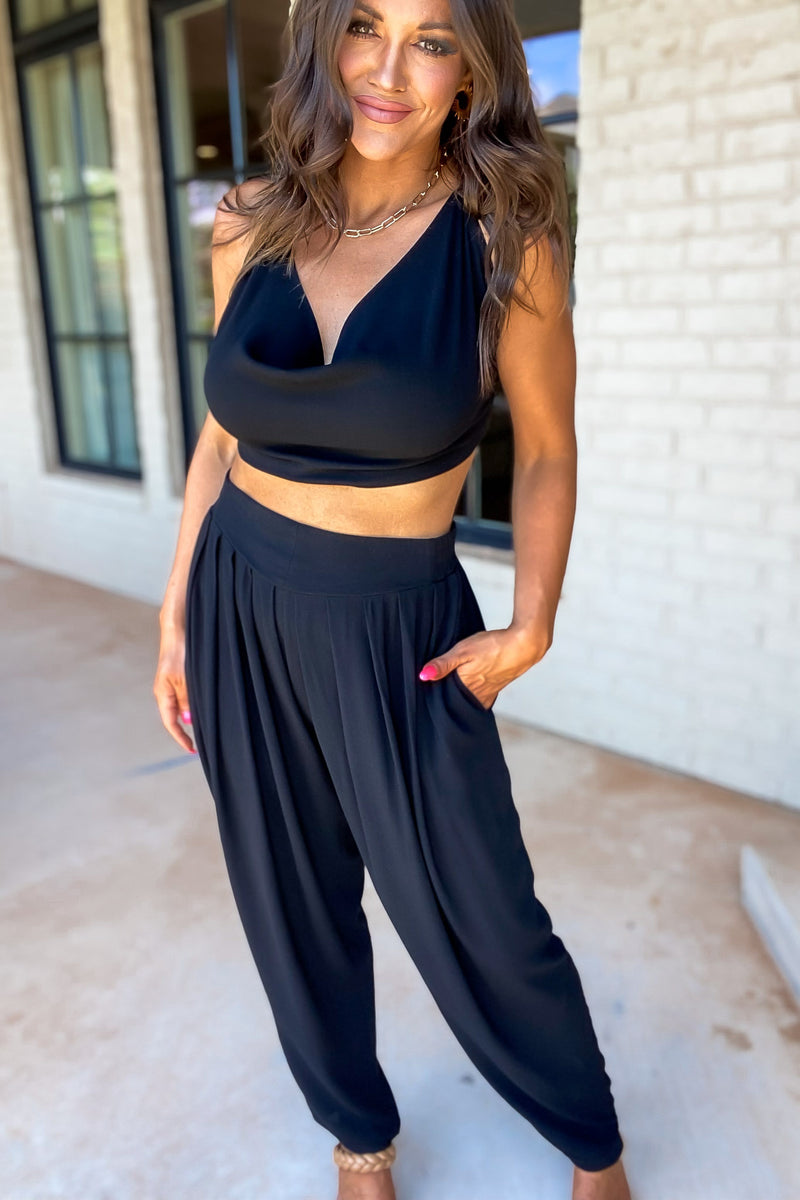 Black Cowl Neck Cami Crop Top And Pant Set