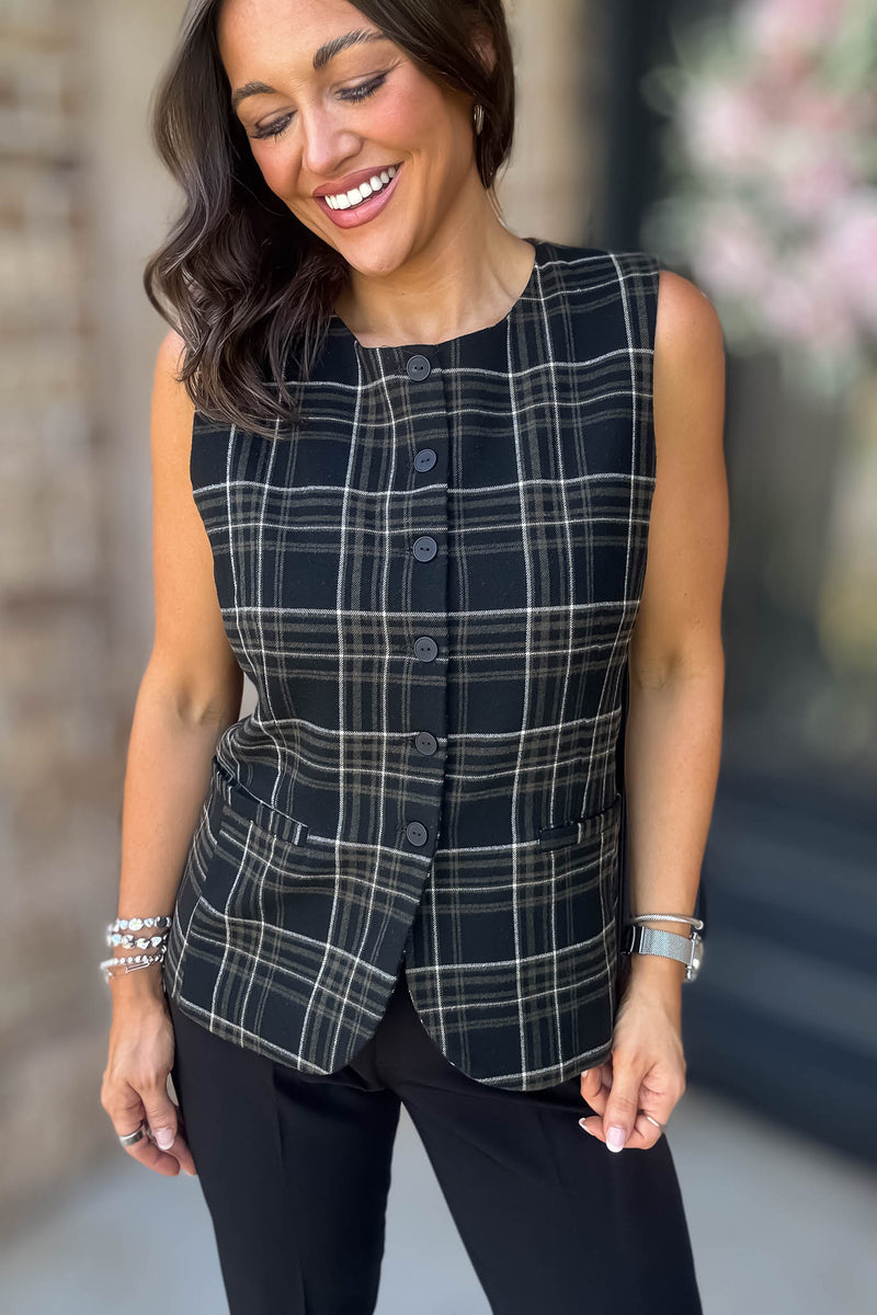 Elevating Black and White Button Down Check Woven Vest