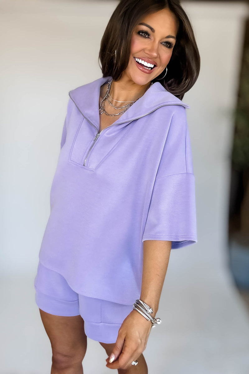 HALF ZIP UP TOP AND SIDE POCKET FOLDED HEM SHORTS