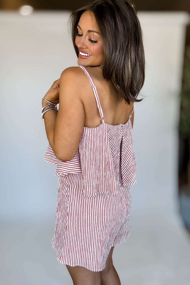 Cream And Red Sleeveless Ruffle Stripe Romper