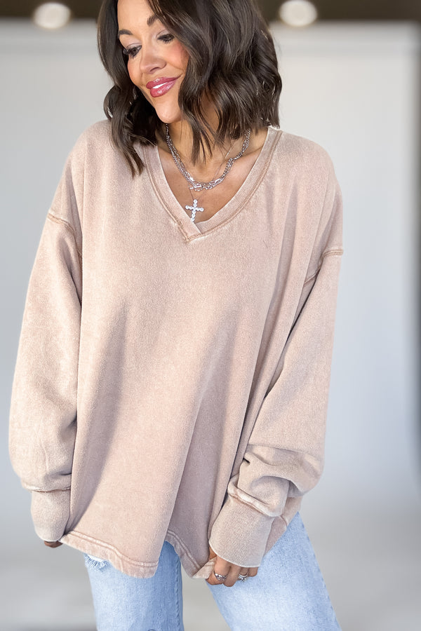 Oversized Dark Taupe V-neck Sweatshirt With Raw Edge Detail