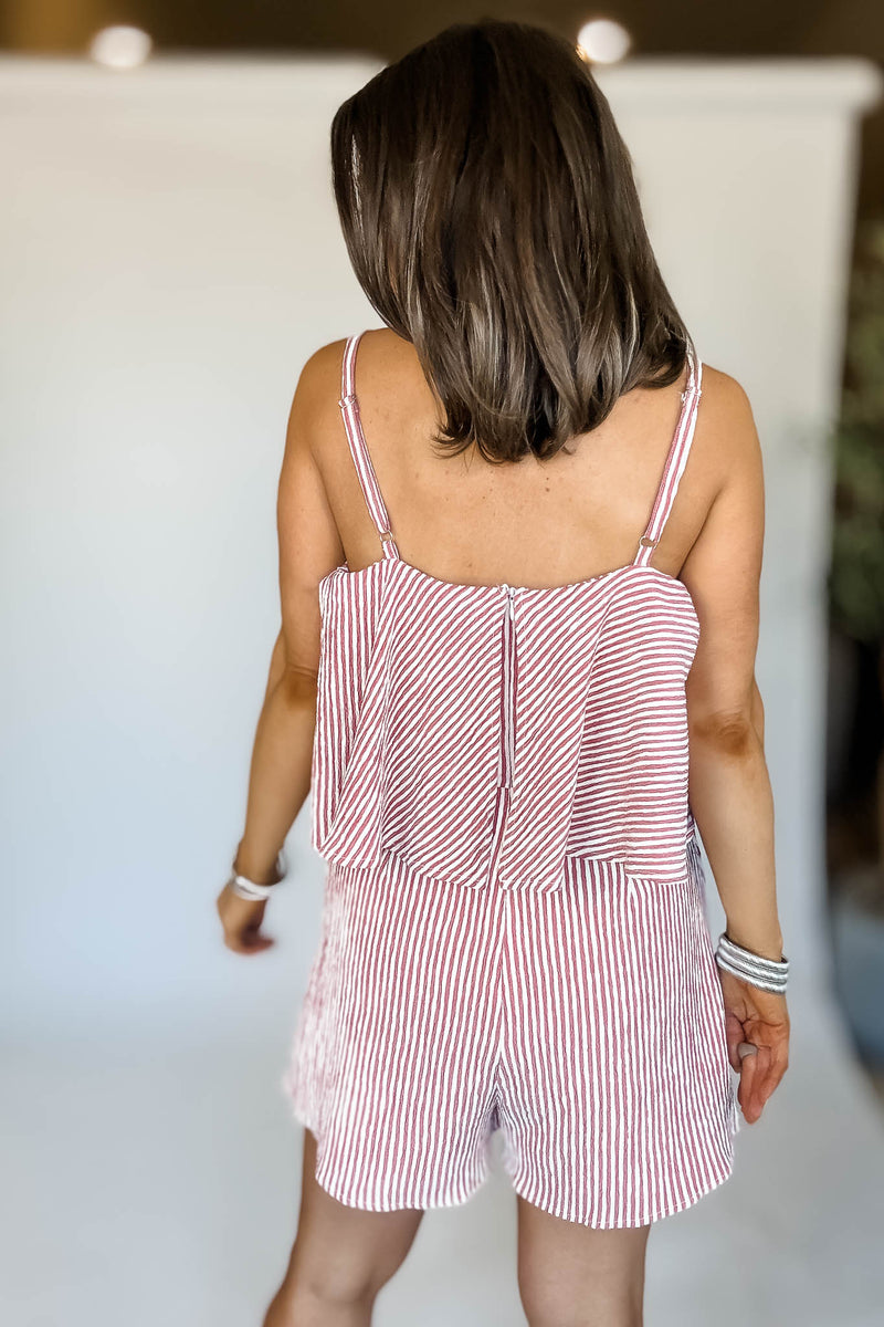 Cream And Red Sleeveless Ruffle Stripe Romper