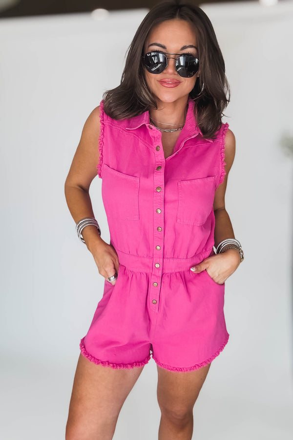 Hot Pink Mineral Washed Sleeveless Romper
