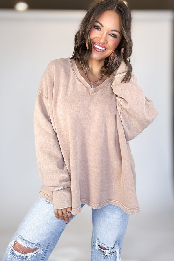 Oversized Dark Taupe V-neck Sweatshirt With Raw Edge Detail
