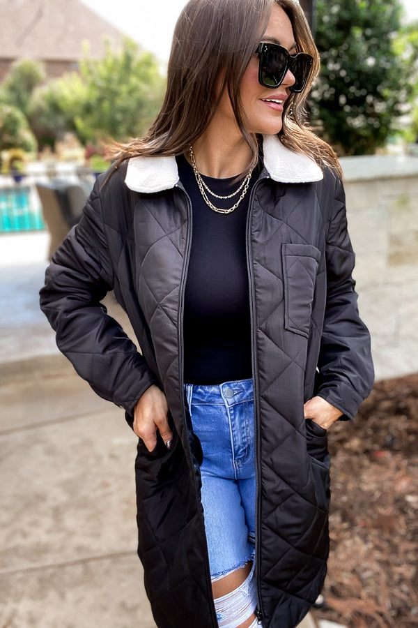 Travel Lightly Black Sherpa Collar Quilted Puffer Jacket