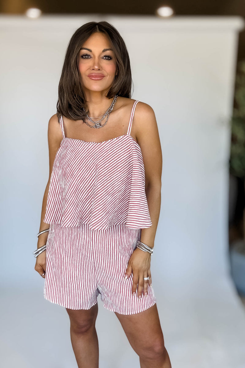 Cream And Red Sleeveless Ruffle Stripe Romper