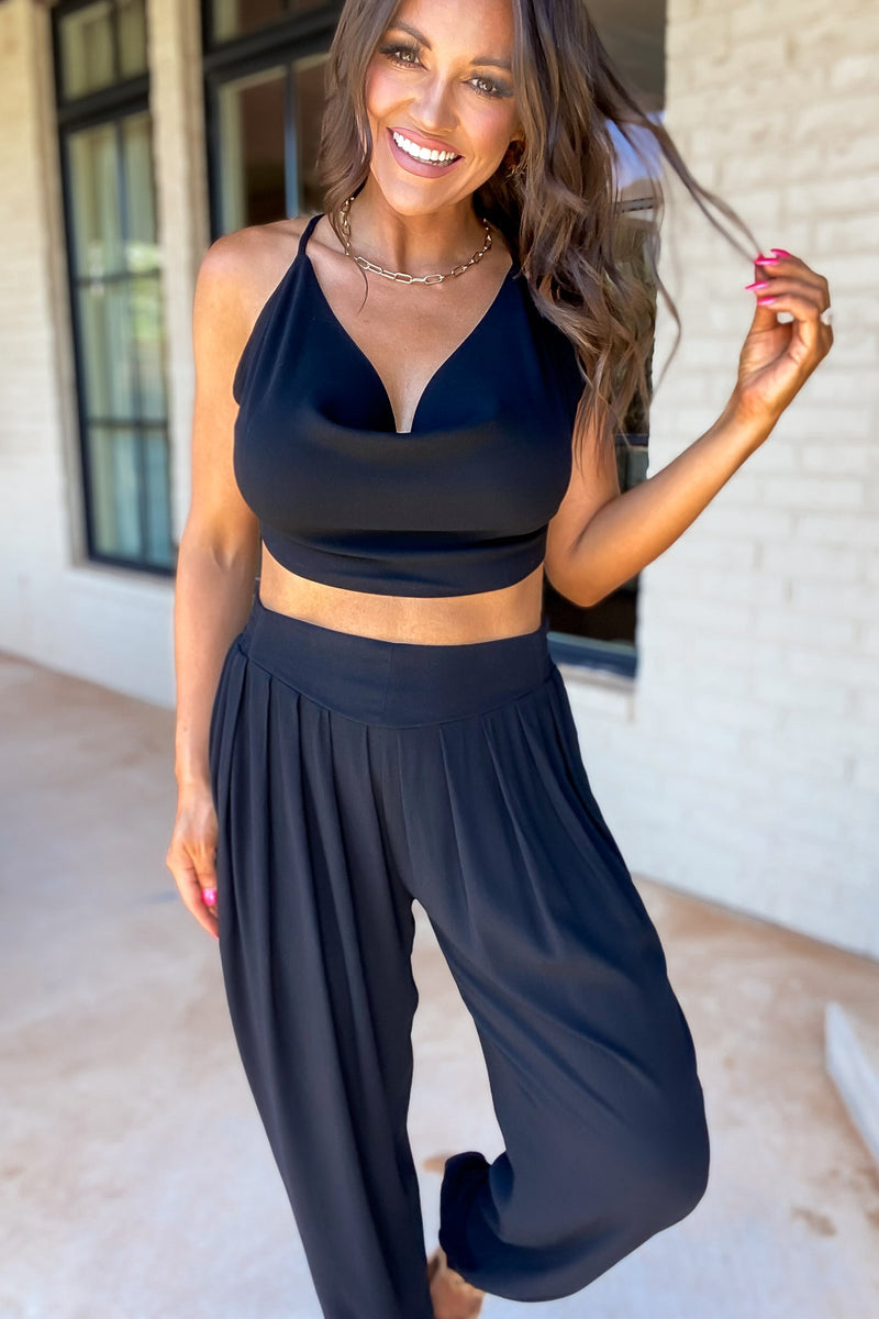 Black Cowl Neck Cami Crop Top And Pant Set