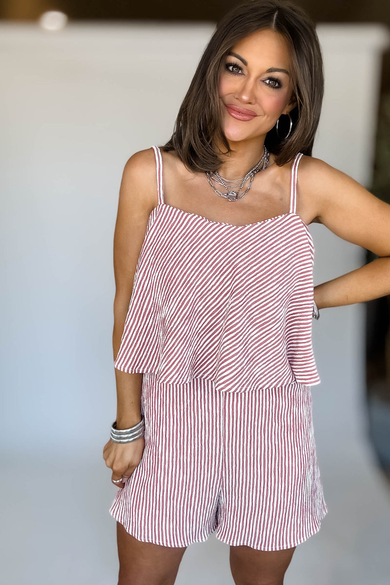 Cream And Red Sleeveless Ruffle Stripe Romper
