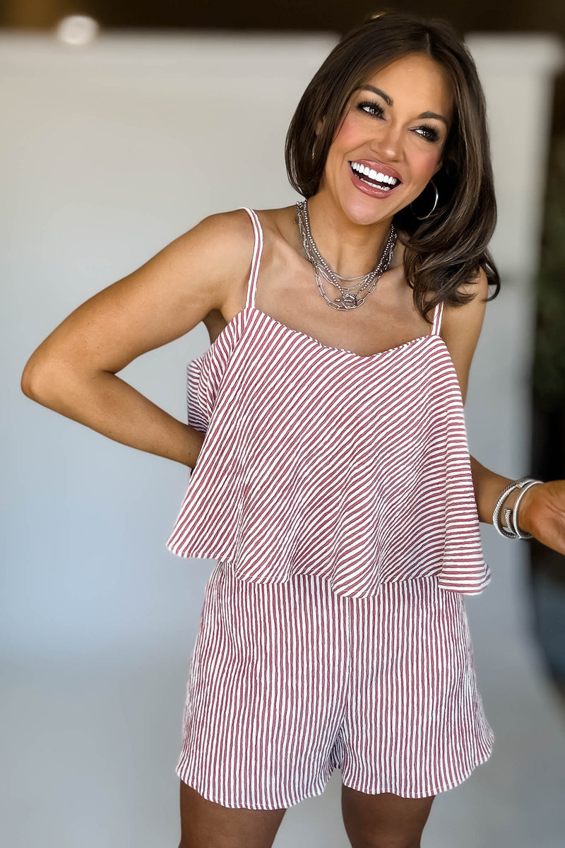 Cream And Red Sleeveless Ruffle Stripe Romper