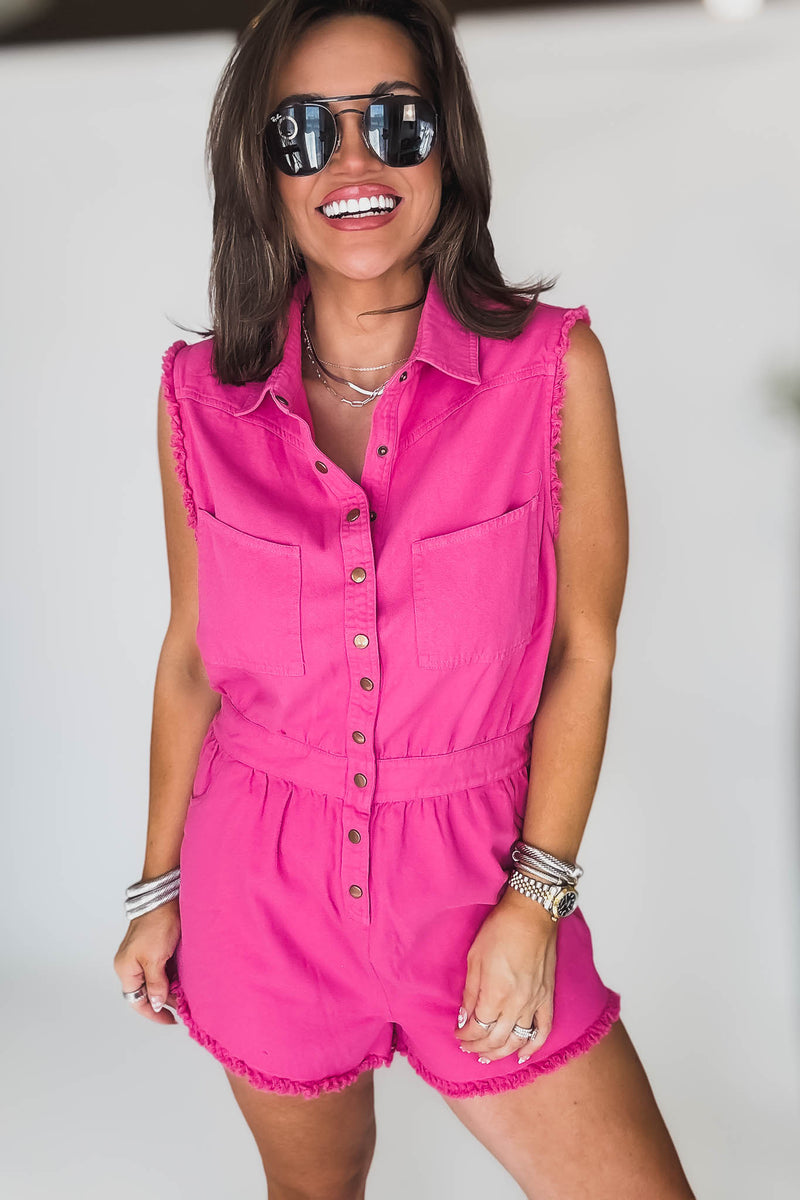 Hot Pink Mineral Washed Sleeveless Romper