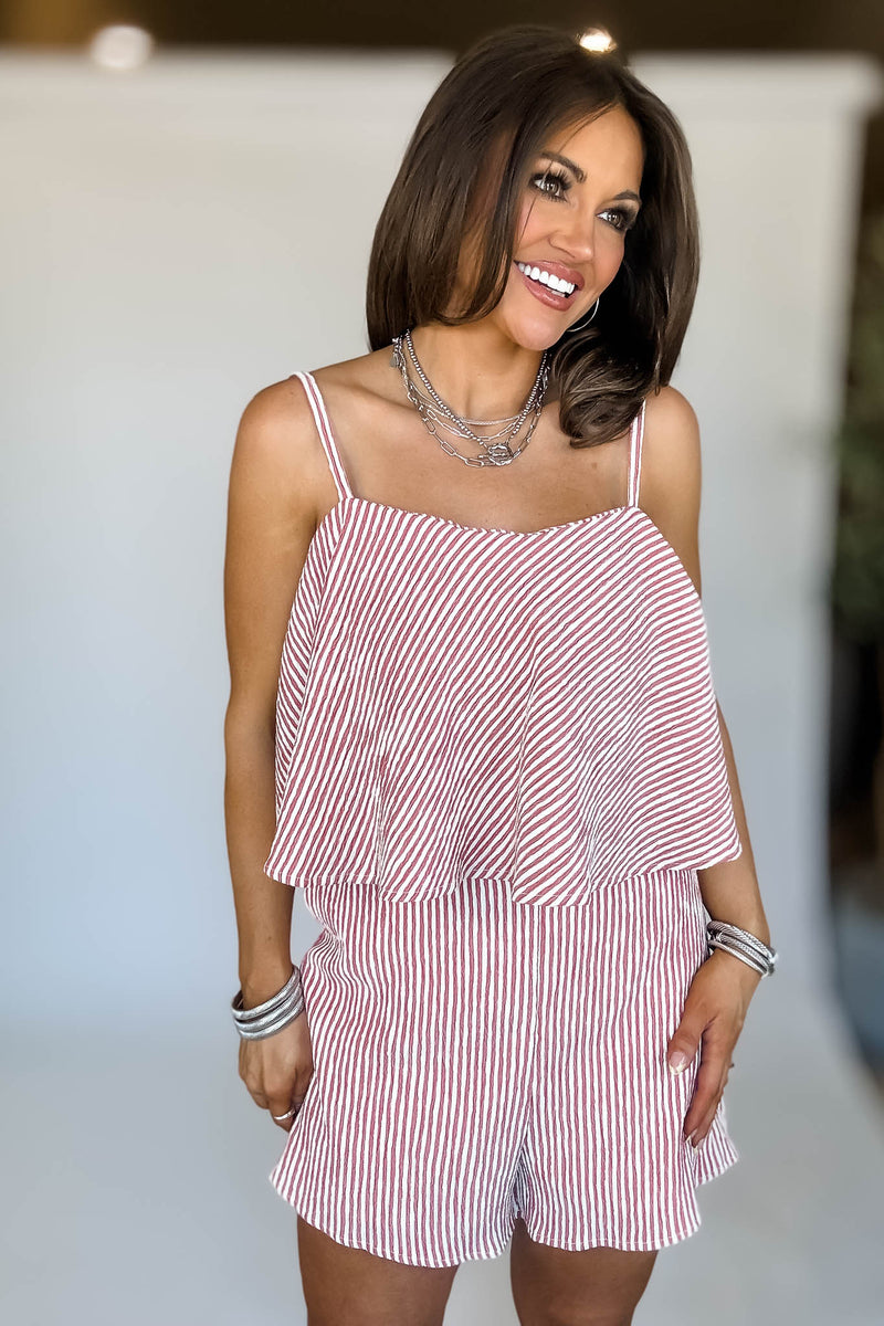 Cream And Red Sleeveless Ruffle Stripe Romper