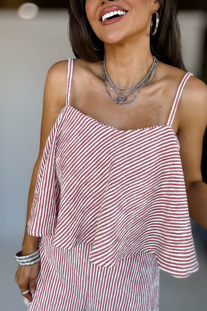 Cream And Red Sleeveless Ruffle Stripe Romper