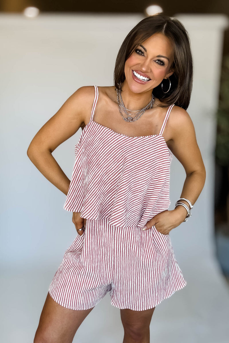Cream And Red Sleeveless Ruffle Stripe Romper