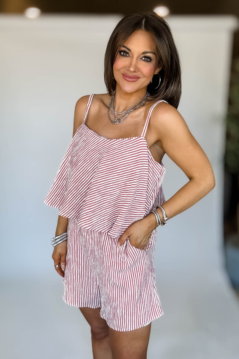 Cream And Red Sleeveless Ruffle Stripe Romper