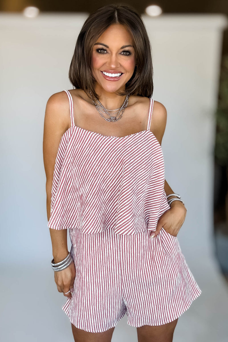 Cream And Red Sleeveless Ruffle Stripe Romper