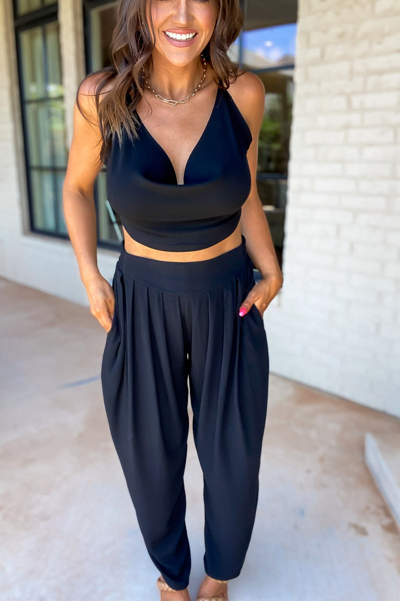 Black Cowl Neck Cami Crop Top And Pant Set