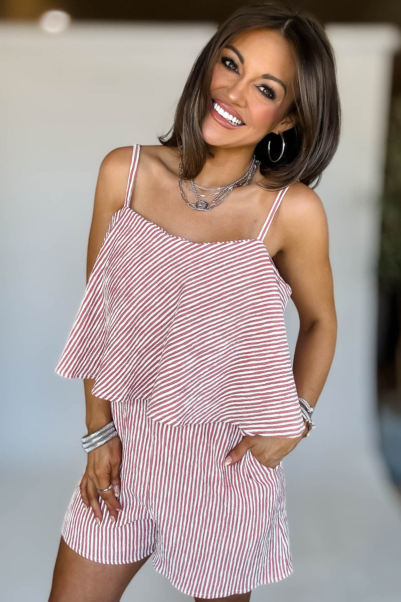 Cream And Red Sleeveless Ruffle Stripe Romper