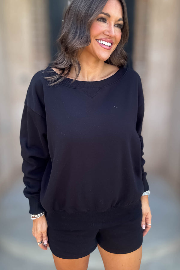 Softest Ever Black Fleece Boat Neck Sweatshirt