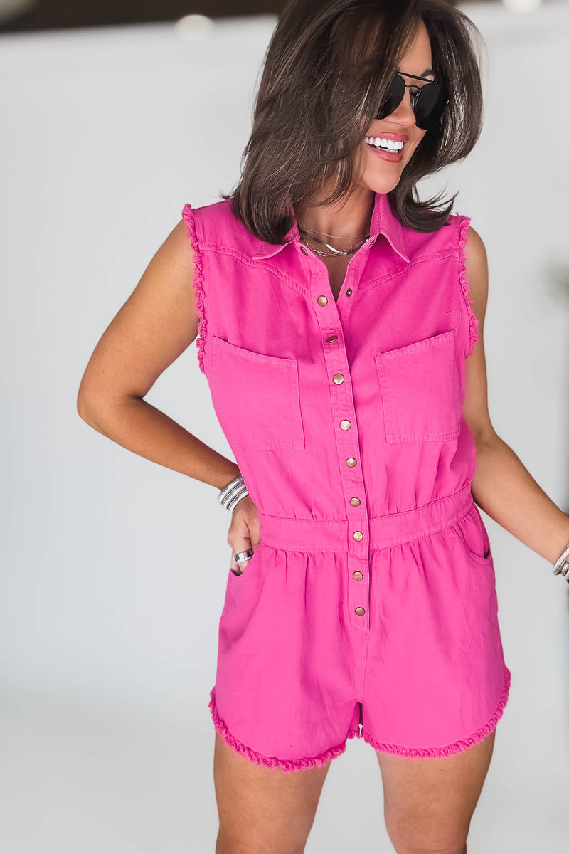 Hot Pink Mineral Washed Sleeveless Romper
