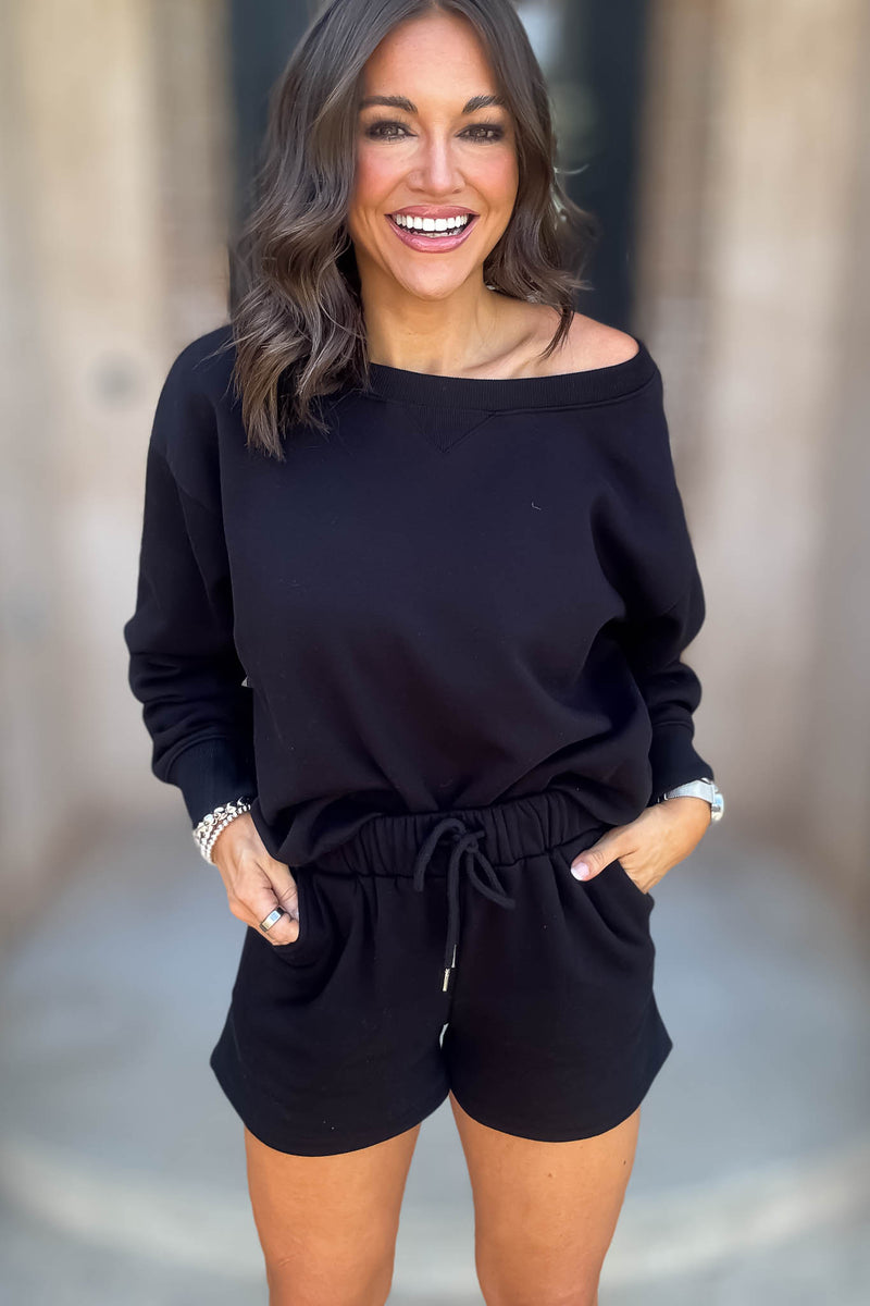 Softest Ever Black Fleece Boat Neck Sweatshirt