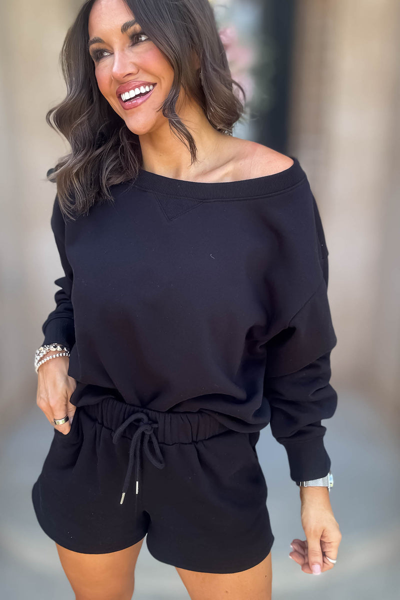 Softest Ever Black Fleece Boat Neck Sweatshirt