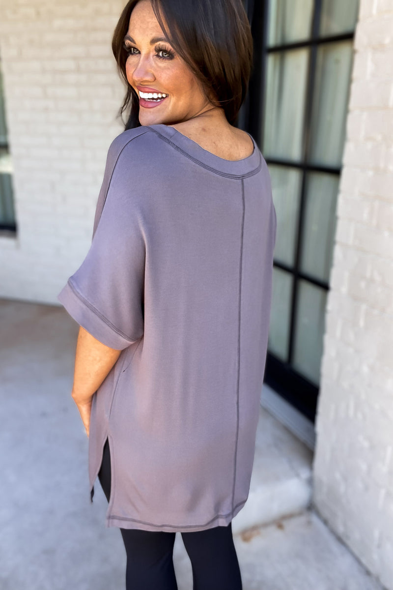 Traveling Far Dolman Sleeve Oversized Tunic Grey Tee