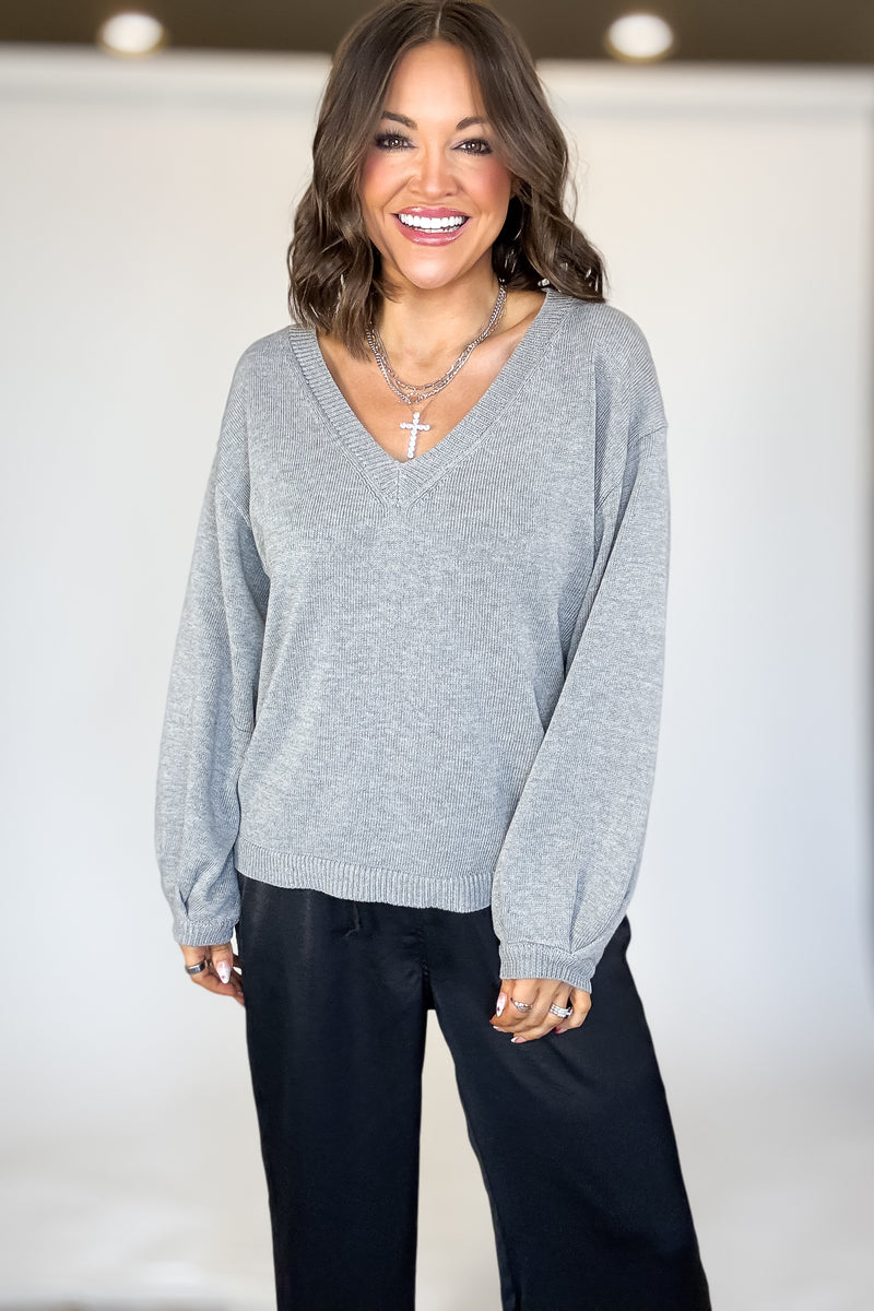 Grey Long Sleeve V-neck Pullover Sweater