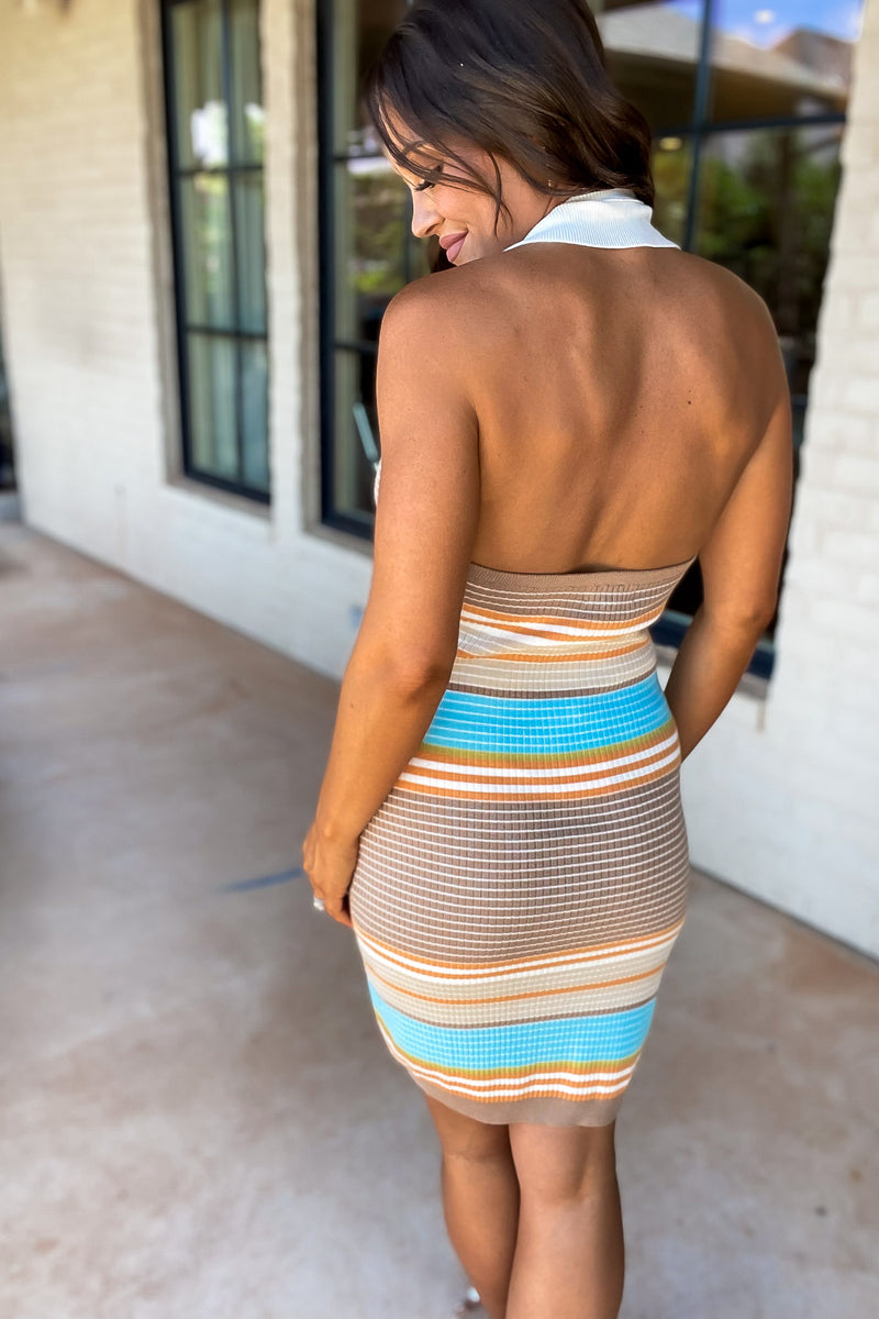 Aqua Stripe Collared Open Back Mini Knit Dress
