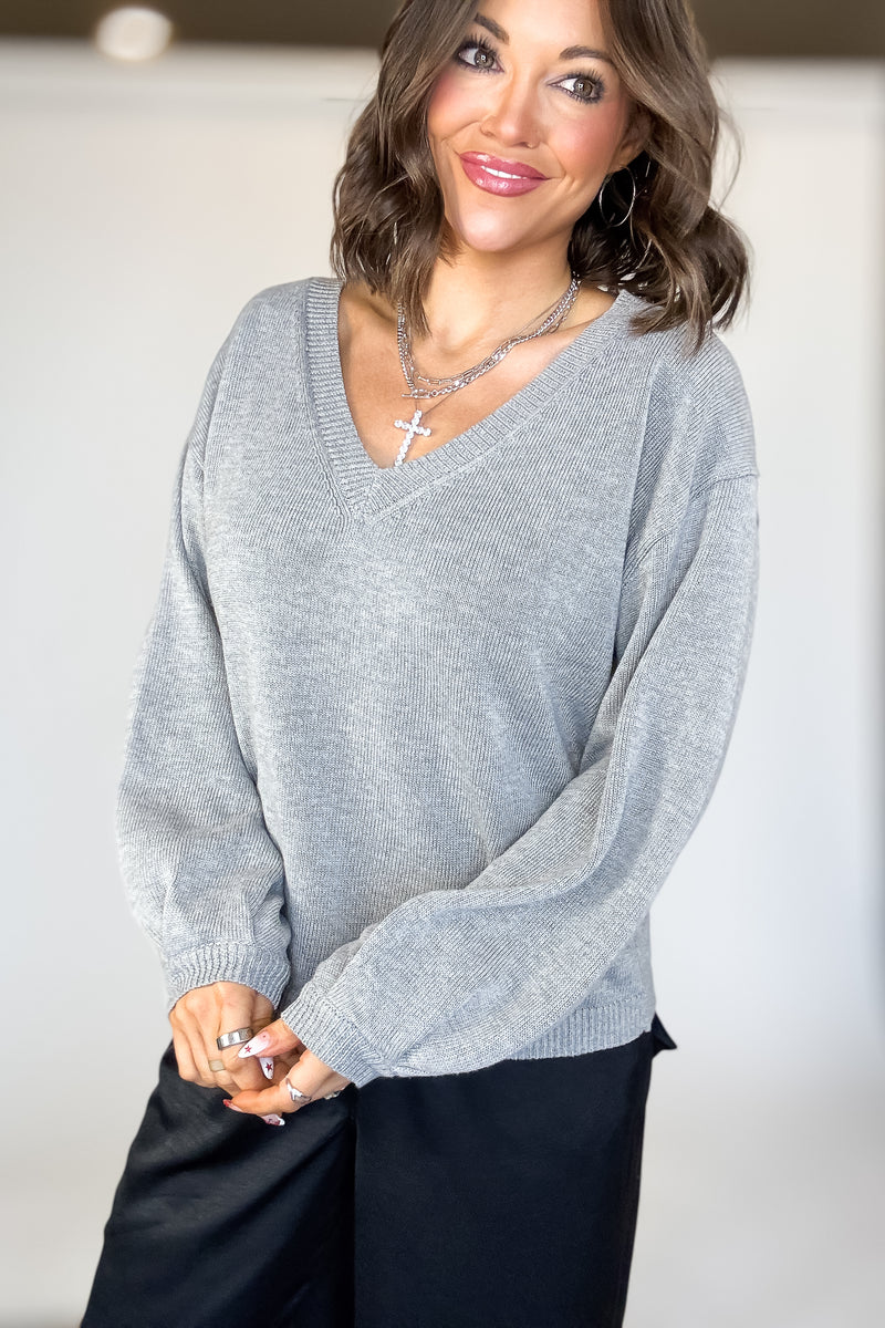 Grey Long Sleeve V-neck Pullover Sweater