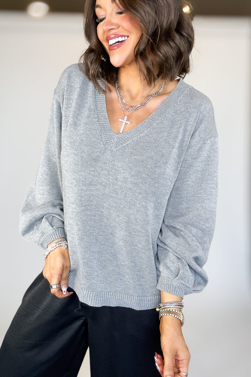 Grey Long Sleeve V-neck Pullover Sweater