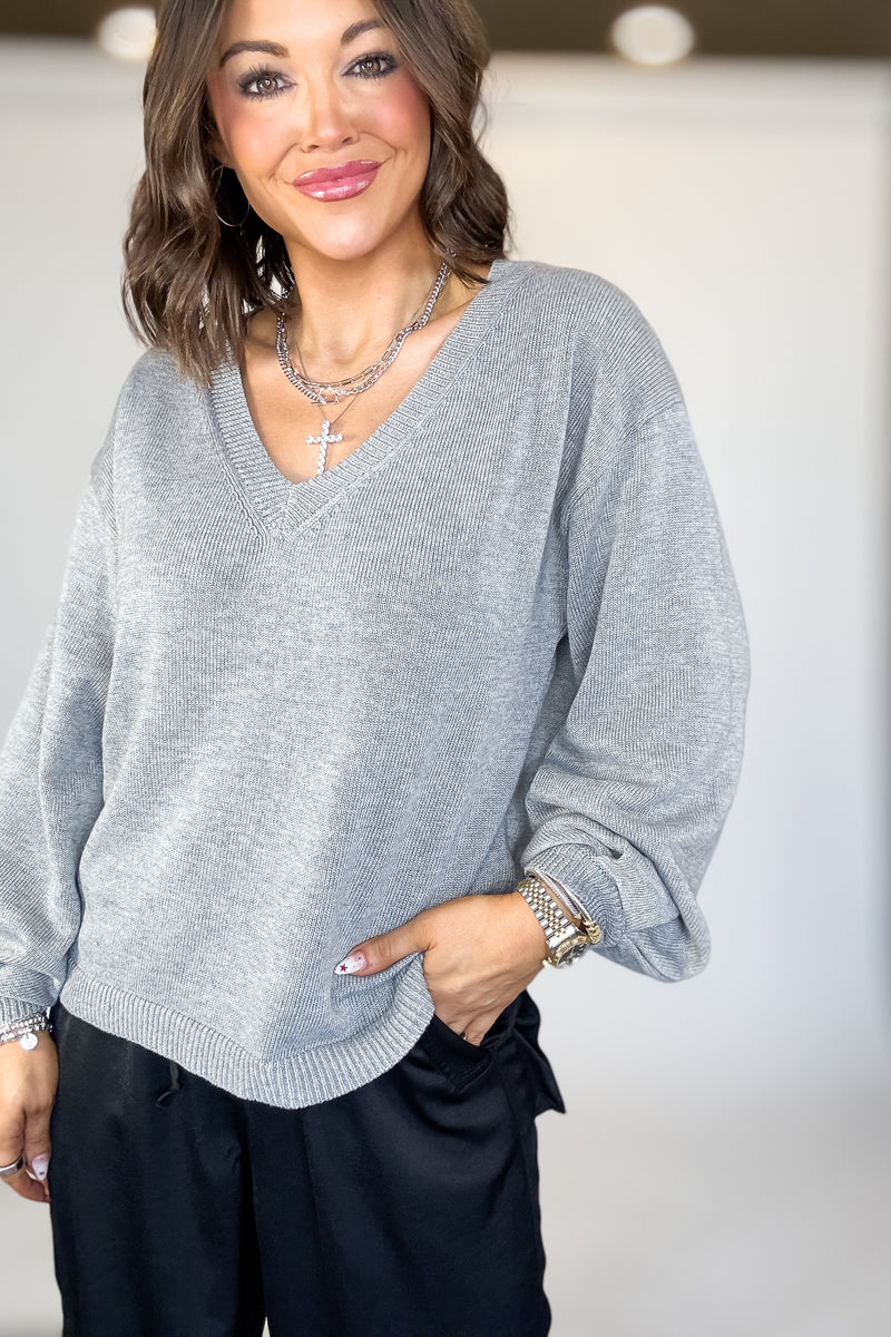 Grey Long Sleeve V-neck Pullover Sweater
