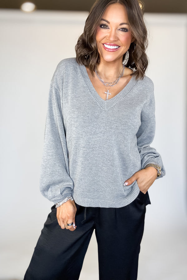 Grey Long Sleeve V-neck Pullover Sweater