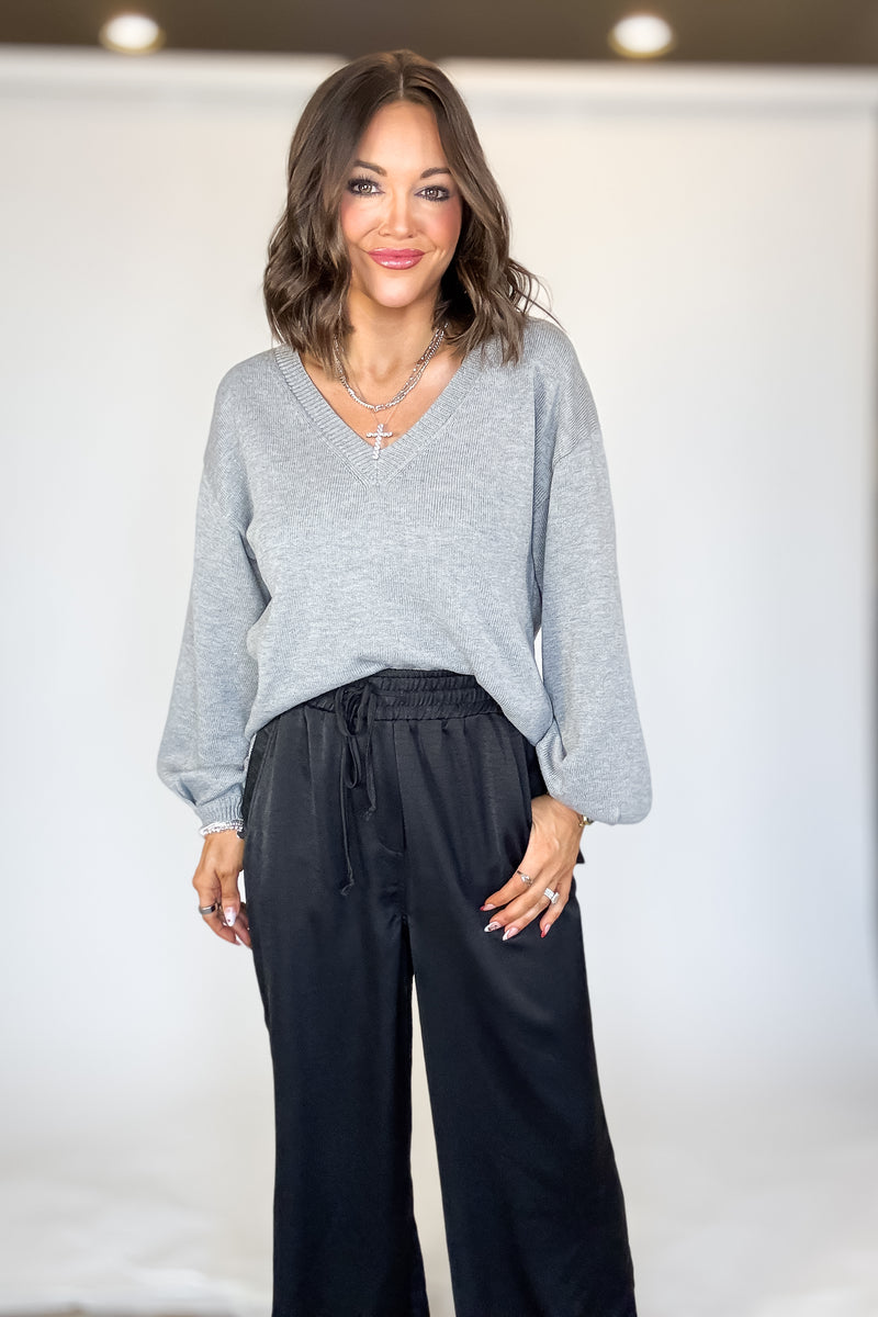 Grey Long Sleeve V-neck Pullover Sweater