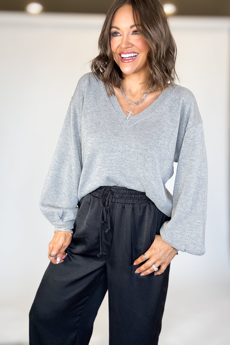 Grey Long Sleeve V-neck Pullover Sweater