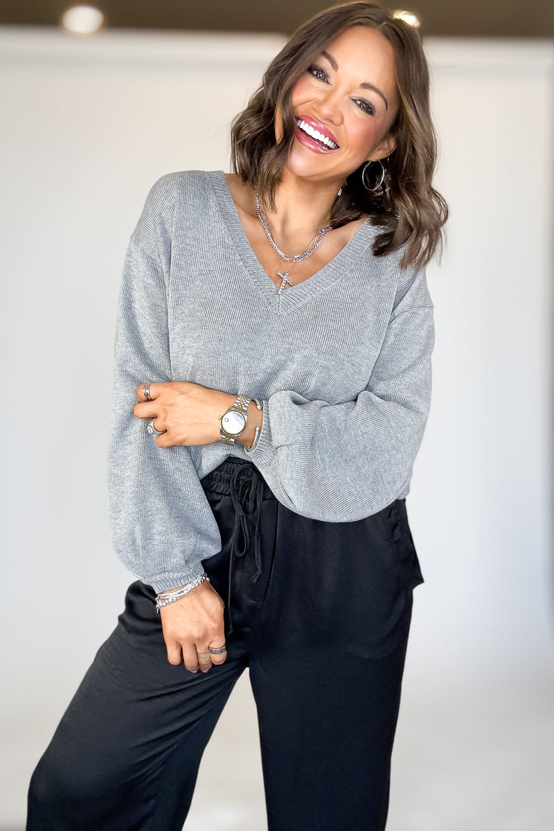 Grey Long Sleeve V-neck Pullover Sweater