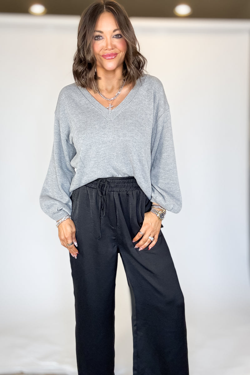 Grey Long Sleeve V-neck Pullover Sweater