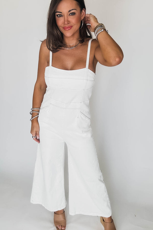 White Denim Sleeveless Contrast Stitch Jumpsuit
