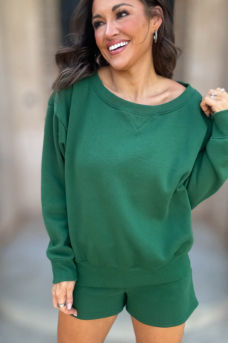 Softest Ever Dark Green Fleece Boat Neck Sweatshirt