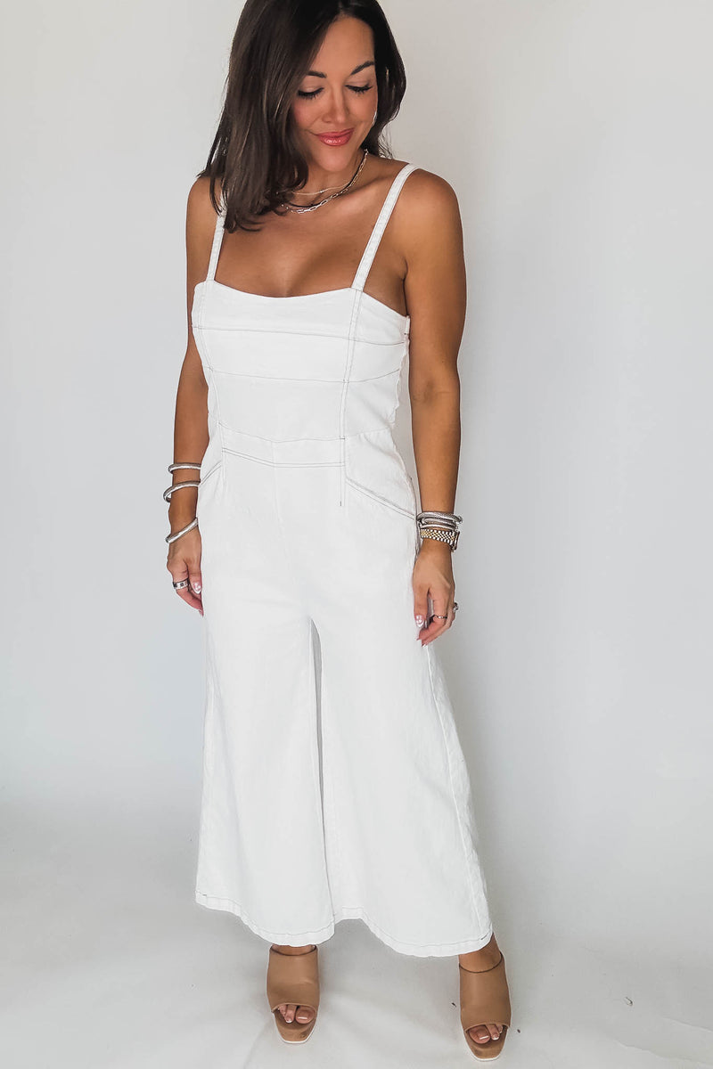 White Denim Sleeveless Contrast Stitch Jumpsuit