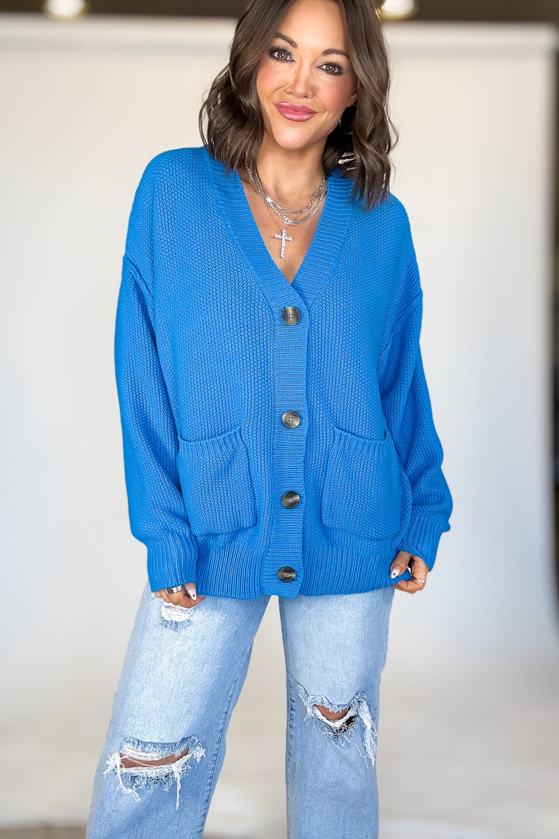 Ocean Blue Button-front Oversized Cardigan