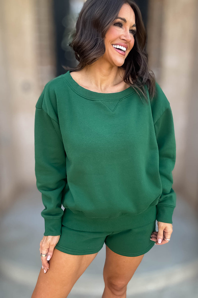 Softest Ever Dark Green Fleece Boat Neck Sweatshirt