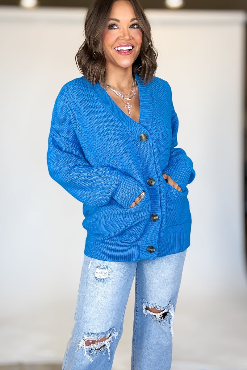Ocean Blue Button-front Oversized Cardigan