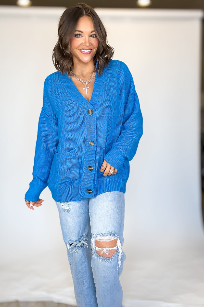 Ocean Blue Button-front Oversized Cardigan