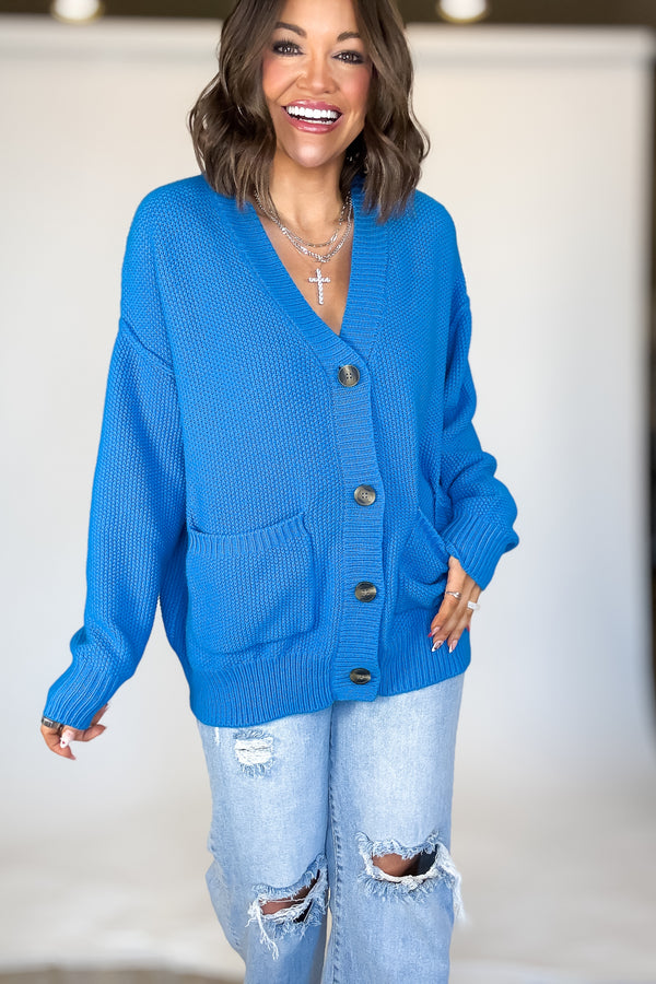 Ocean Blue Button-front Oversized Cardigan