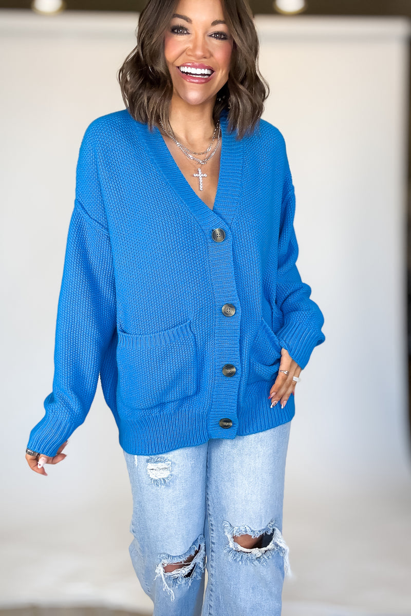 Ocean Blue Button-front Oversized Cardigan