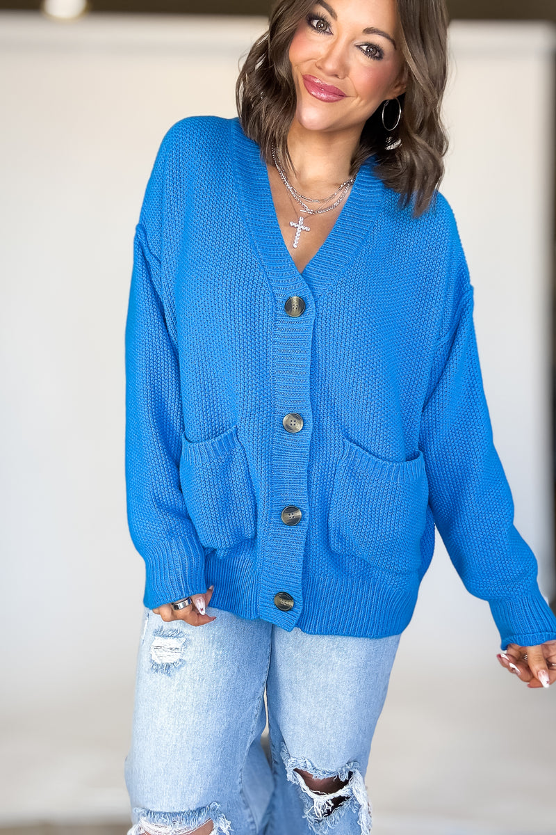 Ocean Blue Button-front Oversized Cardigan