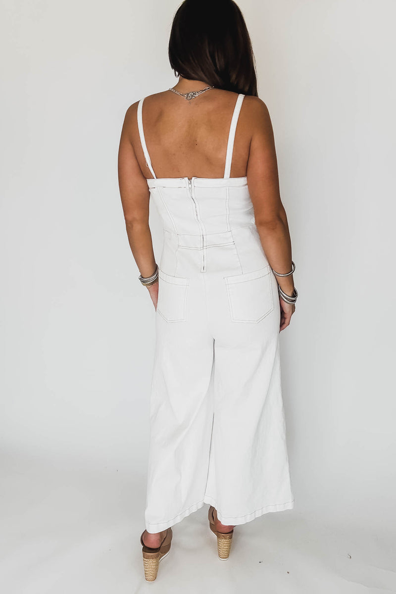 White Denim Sleeveless Contrast Stitch Jumpsuit