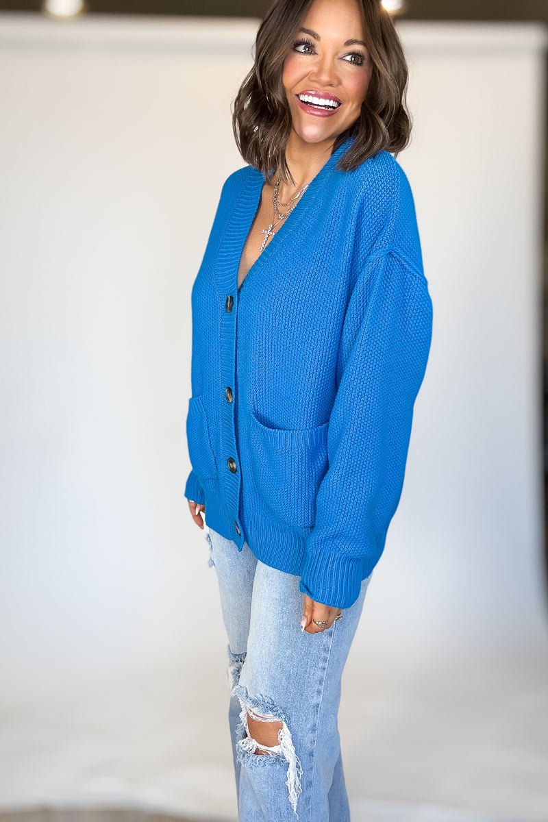 Ocean Blue Button-front Oversized Cardigan