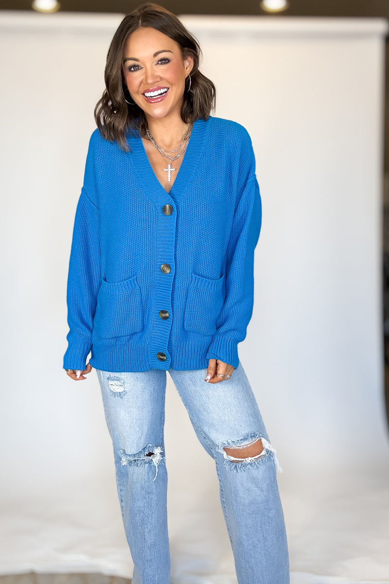 Ocean Blue Button-front Oversized Cardigan
